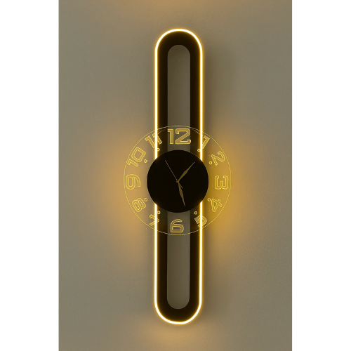 Modern wall clock with glowing yellow outline on a gray background