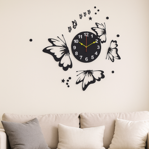 Butterflies with Stars Wall Clock – Modern 3D Decorative Clock for Living Room & Bedroom