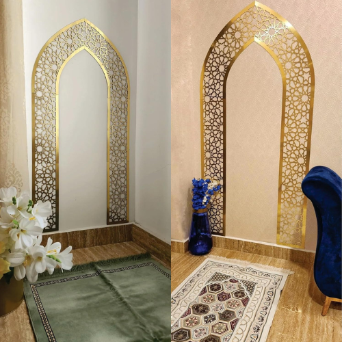 Decorative wall mirror with intricate gold design in two different room settings.