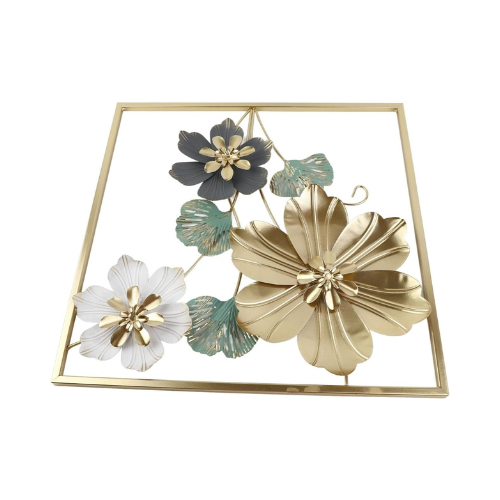 Decorative wall art with gold, white, and green flowers on a geometric gold frame.