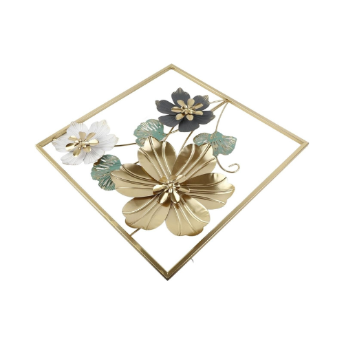 Decorative wall art with gold, silver, and green flowers on a white background