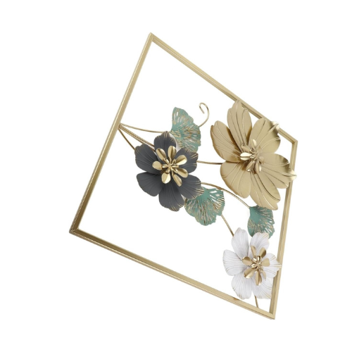 Decorative wall art with geometric frame and colorful flowers on a white background