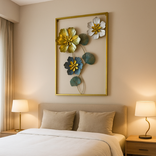 Decorative floral wall art above a bed in a bedroom setting.