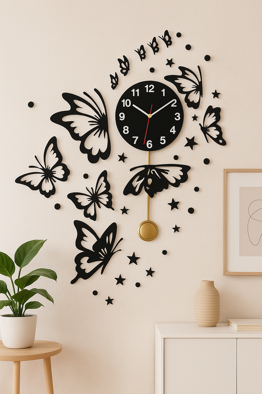 Butterflies with Stars Wall Clock – Modern 3D Decorative Clock for Living Room & Bedroom