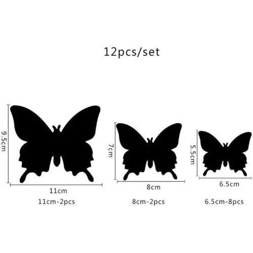 Set of butterfly-shaped wall stickers with dimensions on a white background