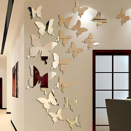 Butterfly-shaped mirror decals on a wall in a room with a window and chair.