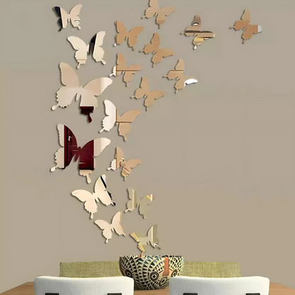 Butterfly wall decals on a beige wall with a table and chairs in the foreground.