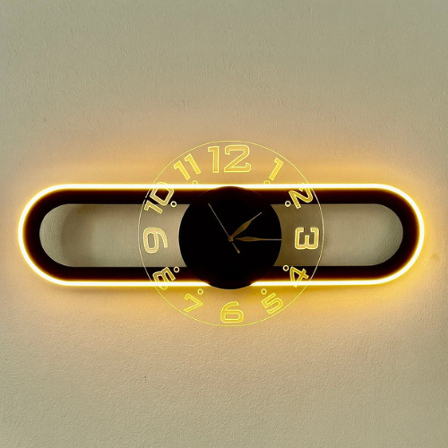 Modern wall clock with glowing yellow numbers and frame on a light background