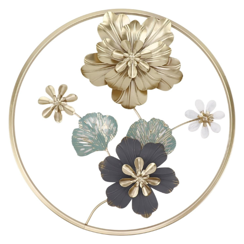 Decorative wall art with gold, blue, and white flowers on a circular gold frame.