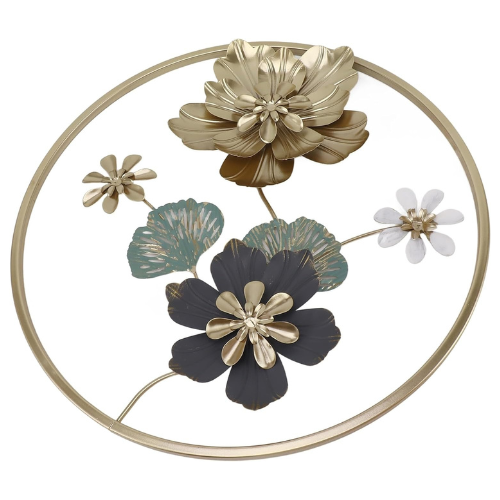Decorative wall art with gold and black flowers on a white background