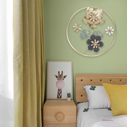 Bedroom with green wall, wooden headboard, and decorative floral wall art.