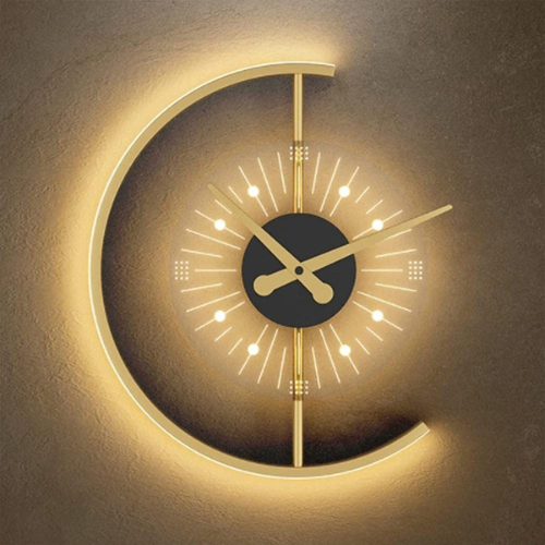 Decorative wall clock with a unique design on a textured wall.