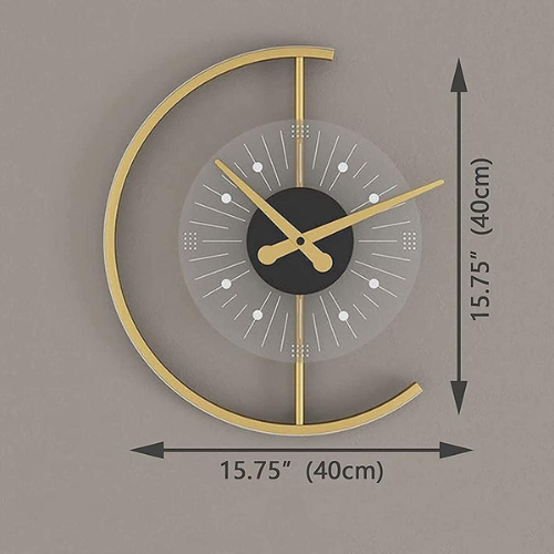 Decorative wall clock with gold crescent moon design and measurements on a gray background