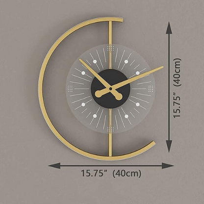 Decorative wall clock with gold crescent moon design and measurements on a gray background